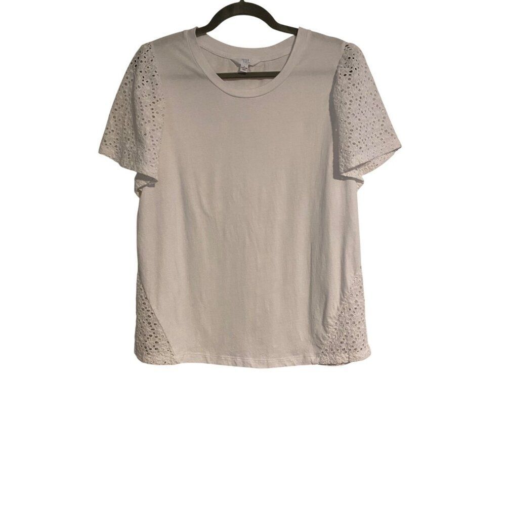 Time And Tru Tee Top White Cotton Eyelet Sleeve Womens T-Shirt L (12-14) Casual